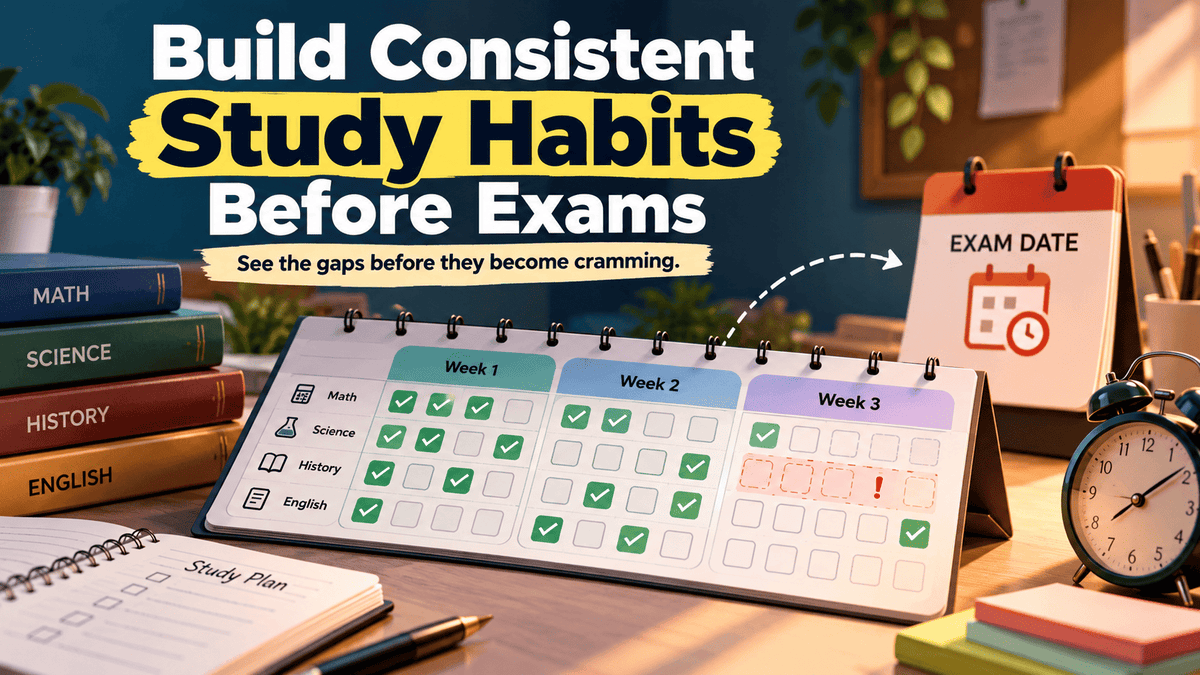 Study habit tracker showing consistent study sessions and gaps across three weeks before an exam date