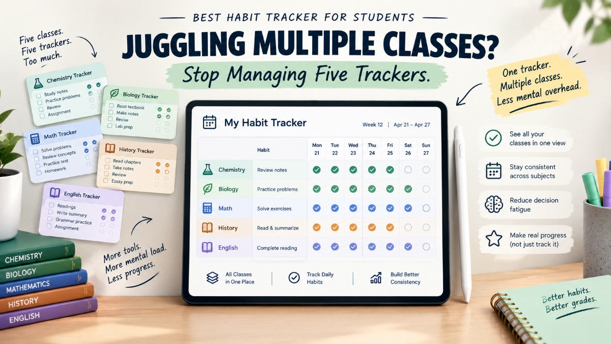 Best habit tracker for students juggling multiple classes, showing Chemistry, Biology, Math, History, and English in one weekly habit tracker.