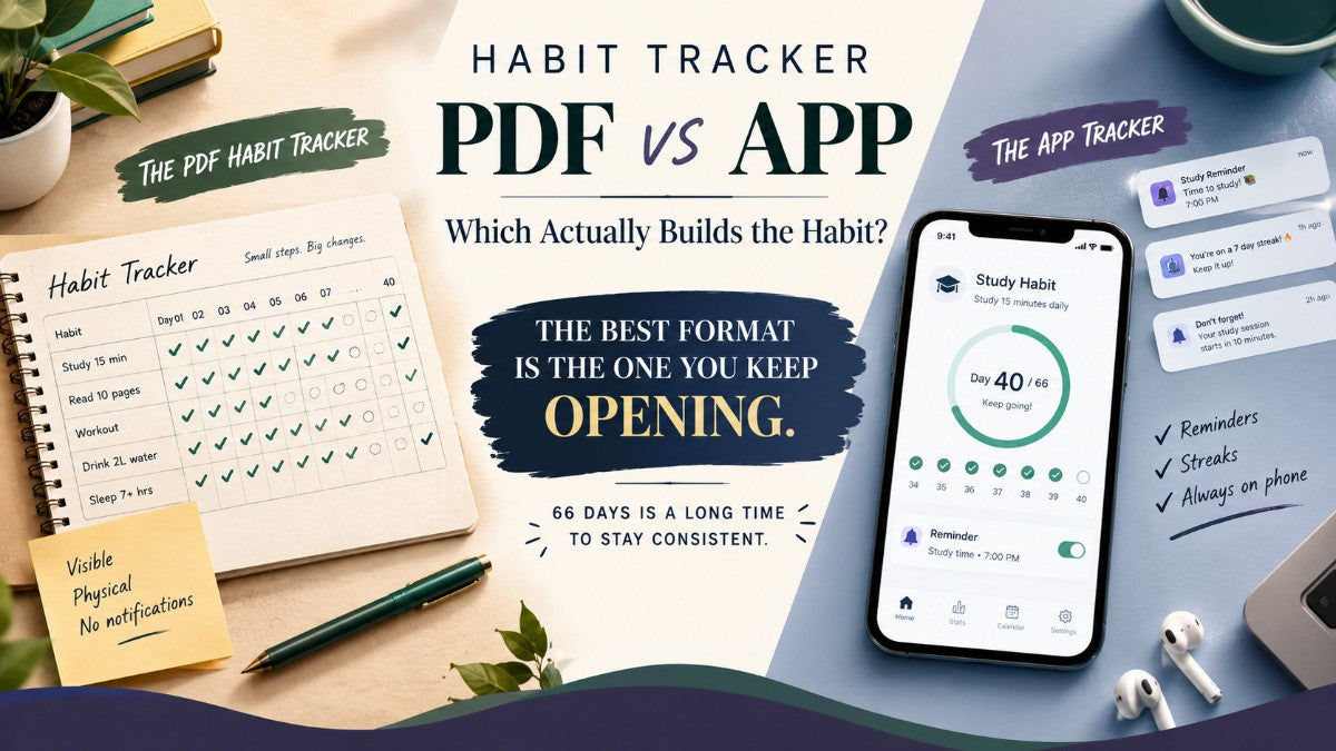 Habit tracker PDF vs app comparison showing a printed habit checklist and a mobile habit tracking app.