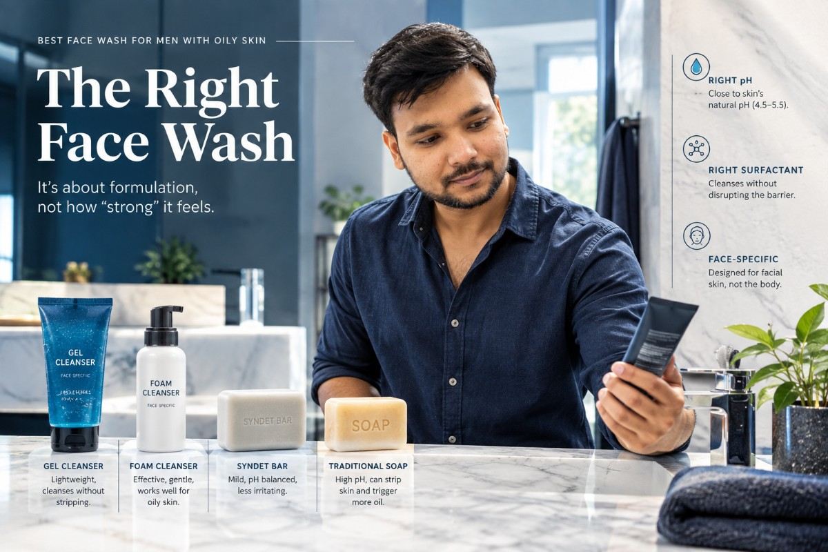 Stylish man choosing a face wash for oily skin in a modern bathroom