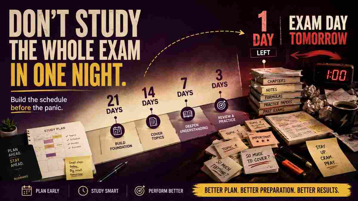 Exam study planner printable showing a structured schedule leading up to exam day instead of last-minute cramming