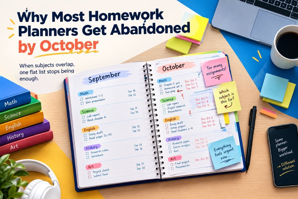 Homework planner becoming overloaded as multiple subjects and assignments overlap in October