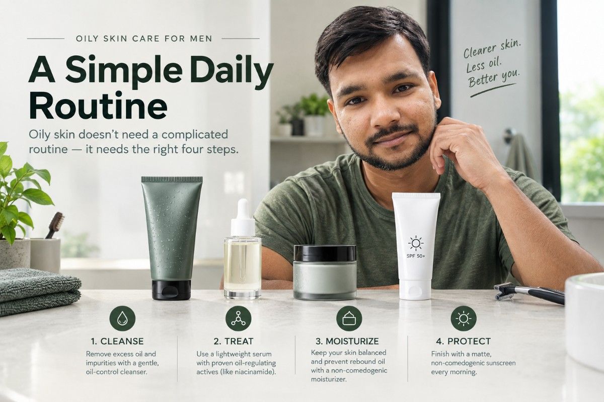 Man following a simple four-step daily skincare routine for oily skin