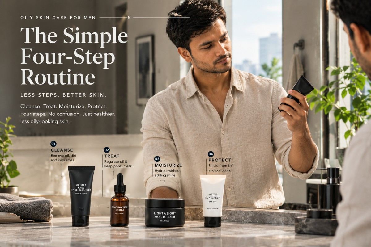 Stylish man following a simple four-step daily skincare routine for oily skin