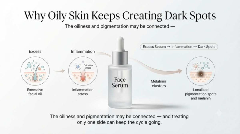 Oily skin and dark spots connection showing how excess oil, inflammation, and pigmentation are linked.
