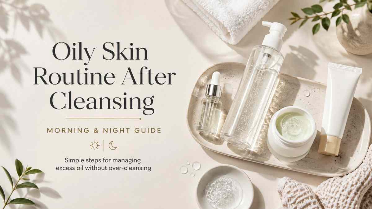 Premium flat lay of oily skin skincare essentials including a cleanser, serum, moisturizer, and sunscreen arranged on a neutral background with the title "Oily Skin Routine After Cleansing: Morning & Night Guide."