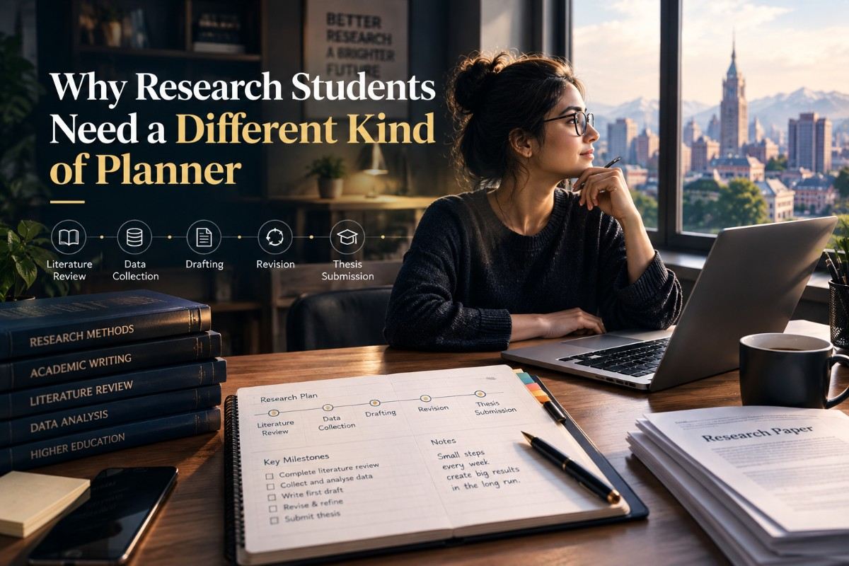 Research student using a planner to map long-term research milestones and thesis progress