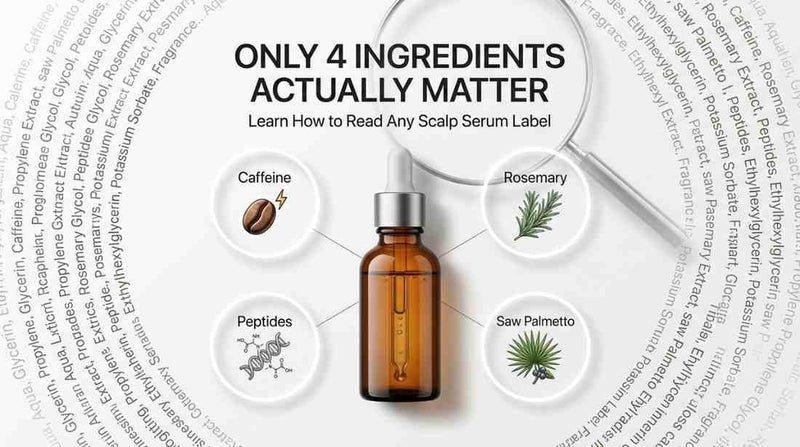 Minimal white hero image showing a scalp serum bottle with scientifically proven hair growth ingredients including caffeine, rosemary, peptides, and saw palmetto.