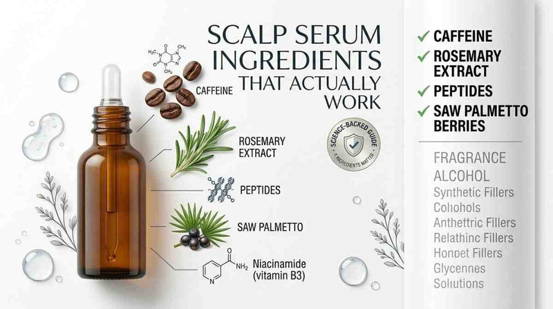 Science-backed scalp serum ingredients including caffeine, rosemary, peptides and saw palmetto for healthier hair growth.