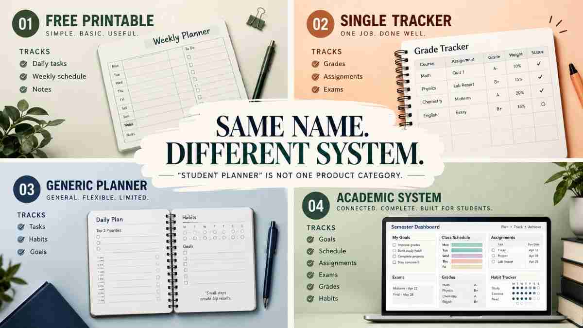 Comparison of four student planner types showing how free printables, single trackers, generic planners, and academic systems differ