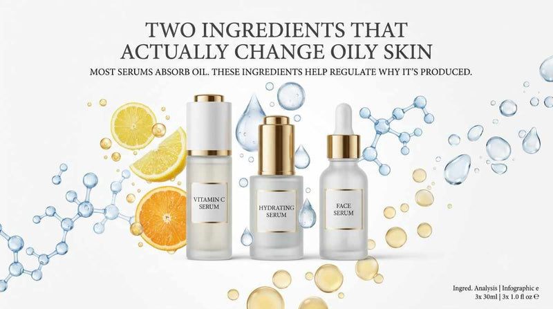Premium skincare illustration featuring Vitamin C Serum and Hydrating Serum for oily skin hydration and oil balance.