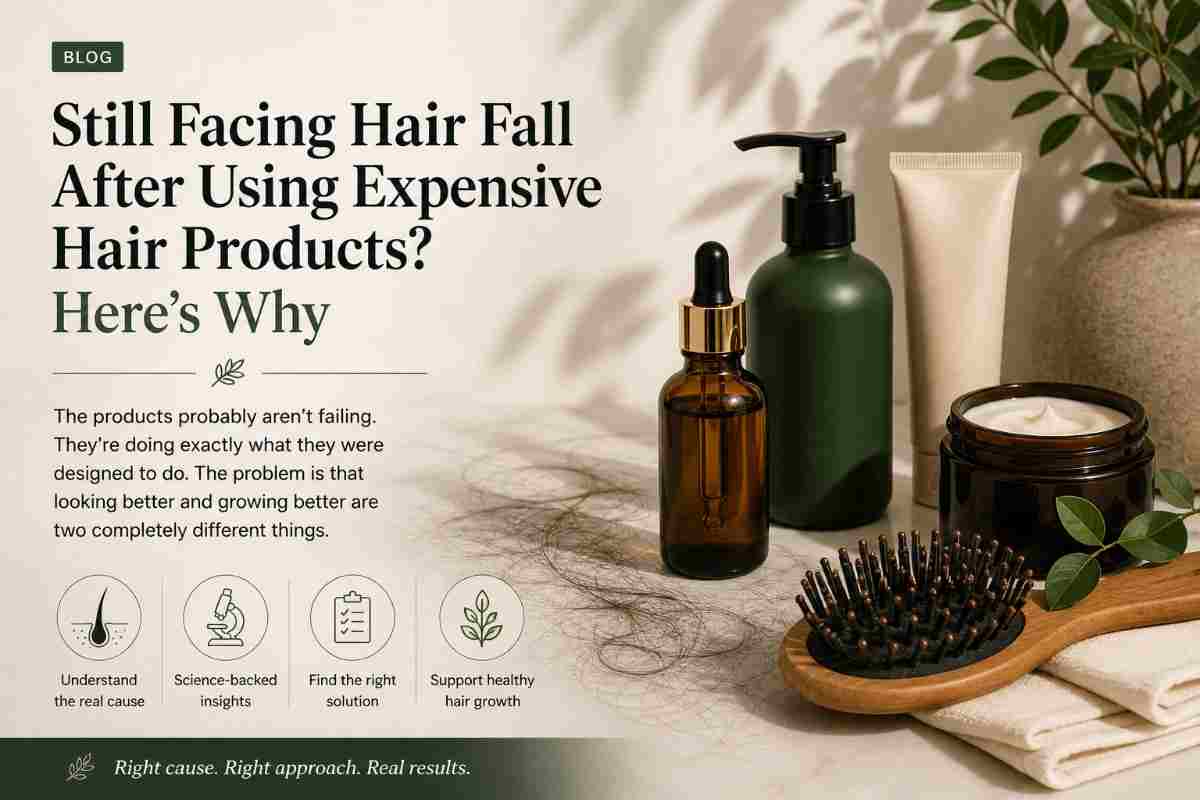 Premium hair care products illustrating why expensive shampoos and serums may improve appearance without addressing the root cause of hair fall