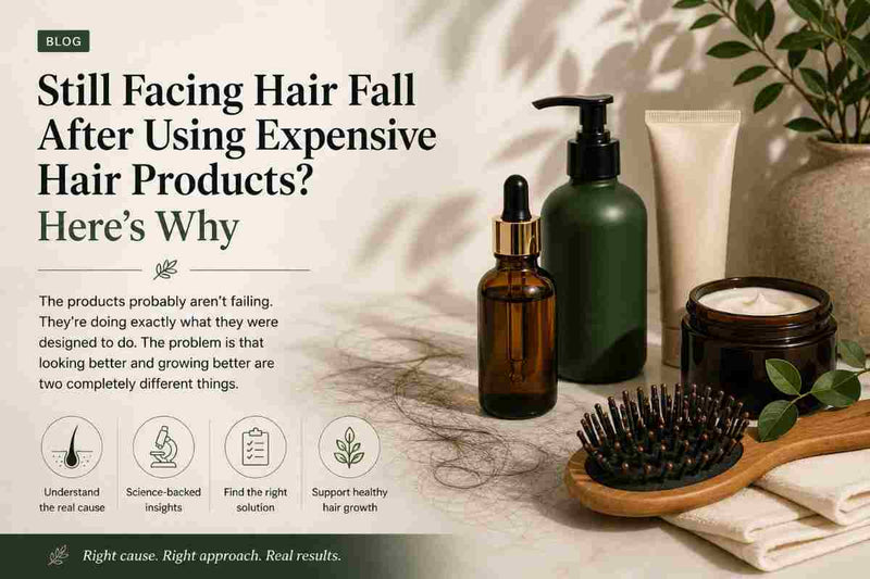 Premium hair care products illustrating why expensive shampoos and serums may improve appearance without addressing the root cause of hair fall