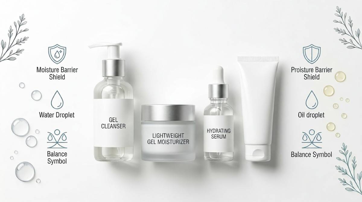 Minimal skincare products explaining why skin gets oily after a skincare routine.
