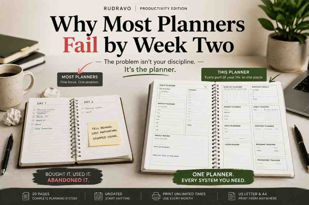 Hero image showing why most planners fail by week two compared with a complete 20-page printable planner system by Rudravo featuring daily, weekly, monthly, budget, habit tracker, goal planner, and productivity pages.