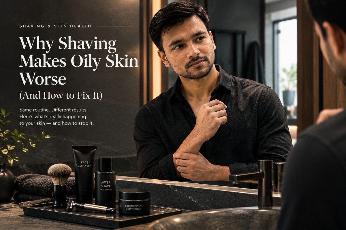 Stylish man standing at a bathroom mirror after shaving as part of an oily-skin care routine