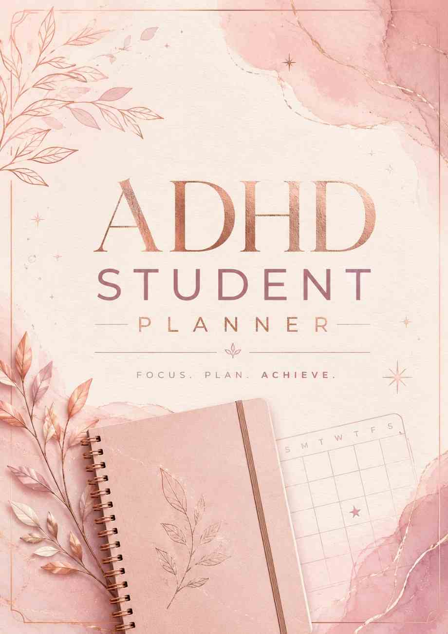 Pink ADHD Student Planner cover design with rose-gold metallic text reading 'ADHD STUDENT PLANNER' and the tagline 'FOCUS. PLAN.