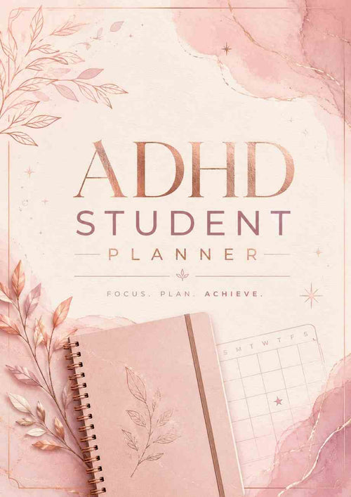 Pink ADHD Student Planner cover design with rose-gold metallic text reading 'ADHD STUDENT PLANNER' and the tagline 'FOCUS. PLAN.