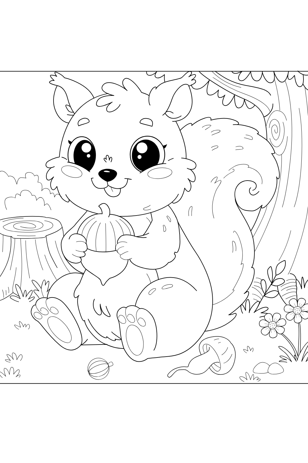 Black and white line art illustration of a cute cartoon squirrel holding an acorn in a forest setting, suitable for coloring pages or prints.