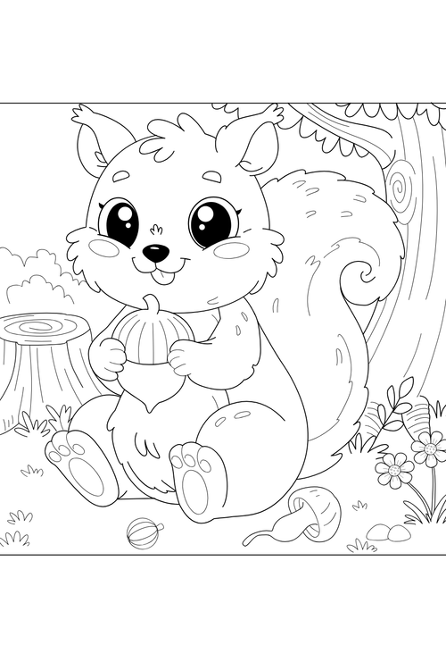 Black and white line art illustration of a cute cartoon squirrel holding an acorn in a forest setting, suitable for coloring pages or prints.