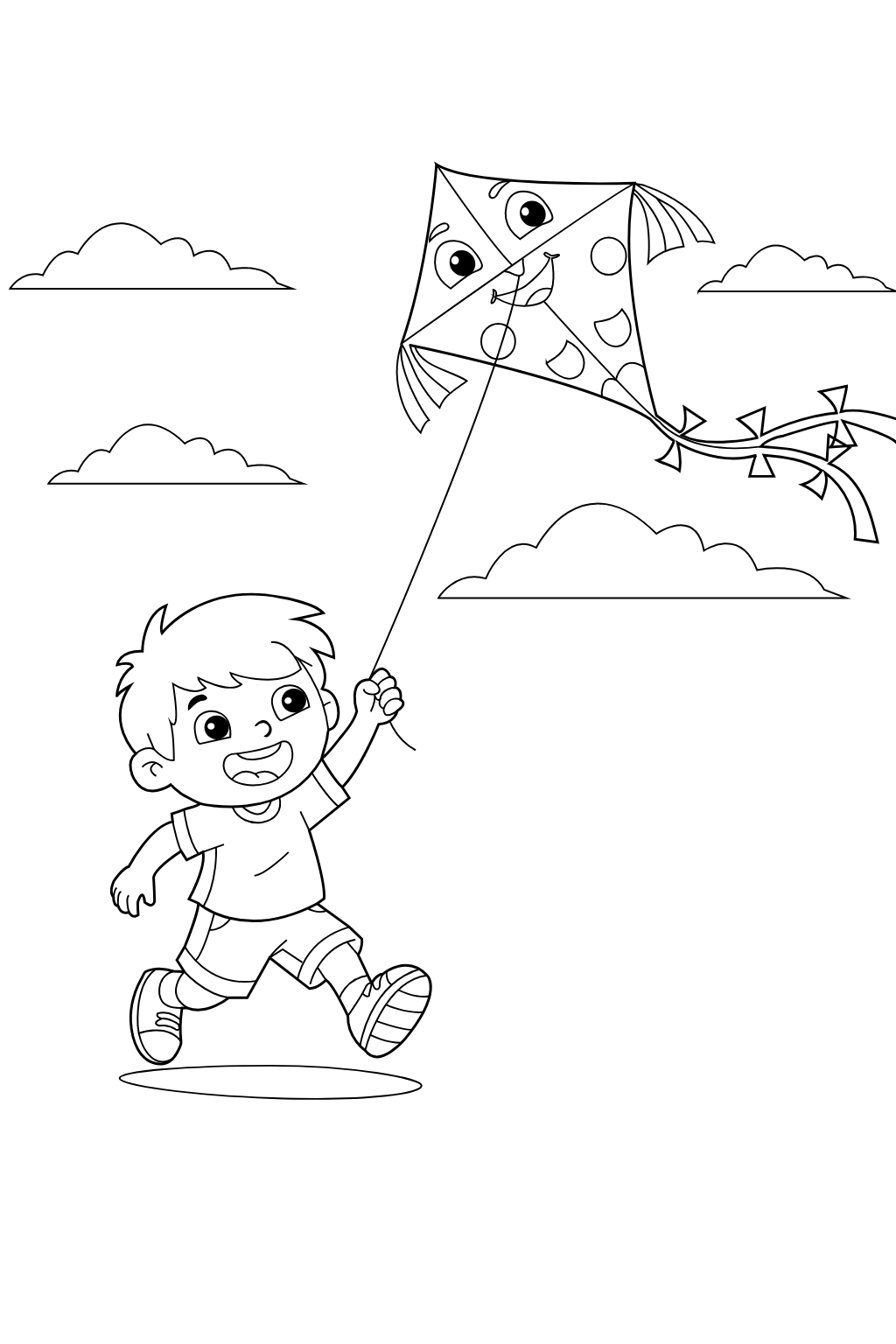 Boy Flying a Kite Coloring Page for Kids | Free Printable