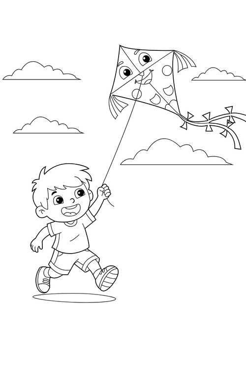 Boy Flying a Kite Coloring Page for Kids | Free Printable