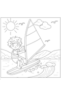Boy Windsurfing Coloring Page for Kids | Free Printable. Black and white line art coloring page of a boy windsurfing on the water with mountains, clouds, and a sun in the background.