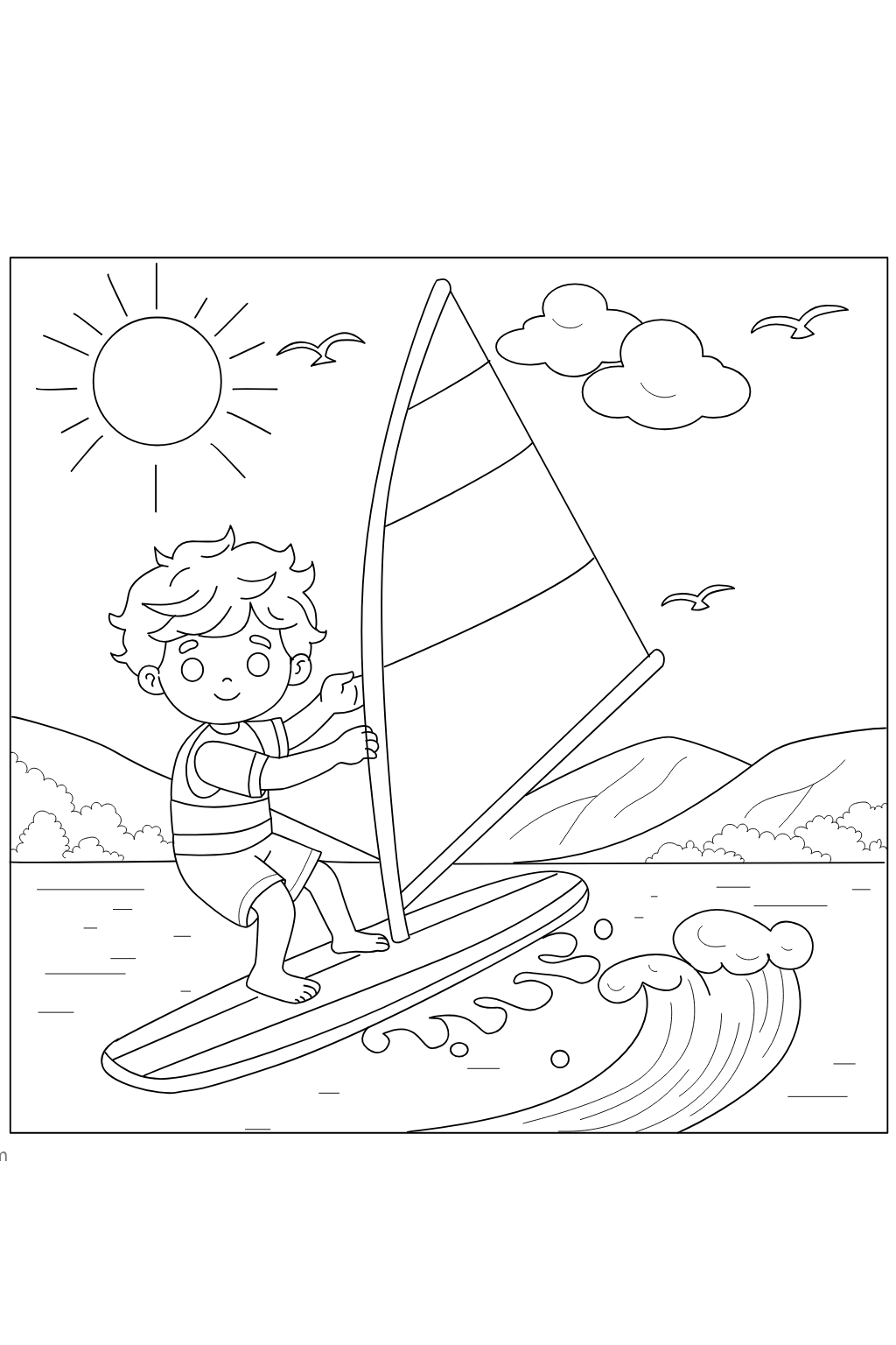 Boy Windsurfing Coloring Page for Kids | Free Printable. Black and white line art coloring page of a boy windsurfing on the water with mountains, clouds, and a sun in the background.