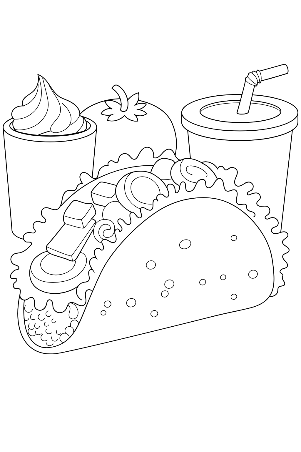 Black and white line art illustration of a taco with two drinks and a tomato on a plain white background.