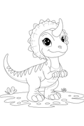 Black and white line art illustration of a cute cartoon dinosaur standing on a small patch of ground with simple plants, likely a coloring-page style graphic.