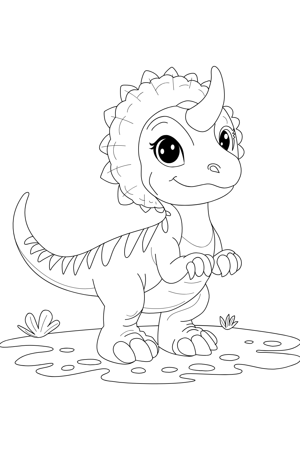 Black and white line art illustration of a cute cartoon dinosaur standing on a small patch of ground with simple plants, likely a coloring-page style graphic.