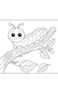 Black and white line art illustration of a cute cartoon caterpillar on a tree branch with leaves, shown on a white background.
