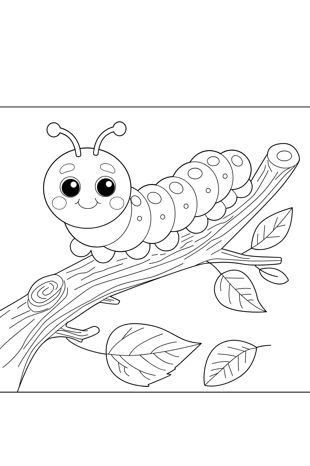 Black and white line art illustration of a cute cartoon caterpillar on a tree branch with leaves, shown on a white background.