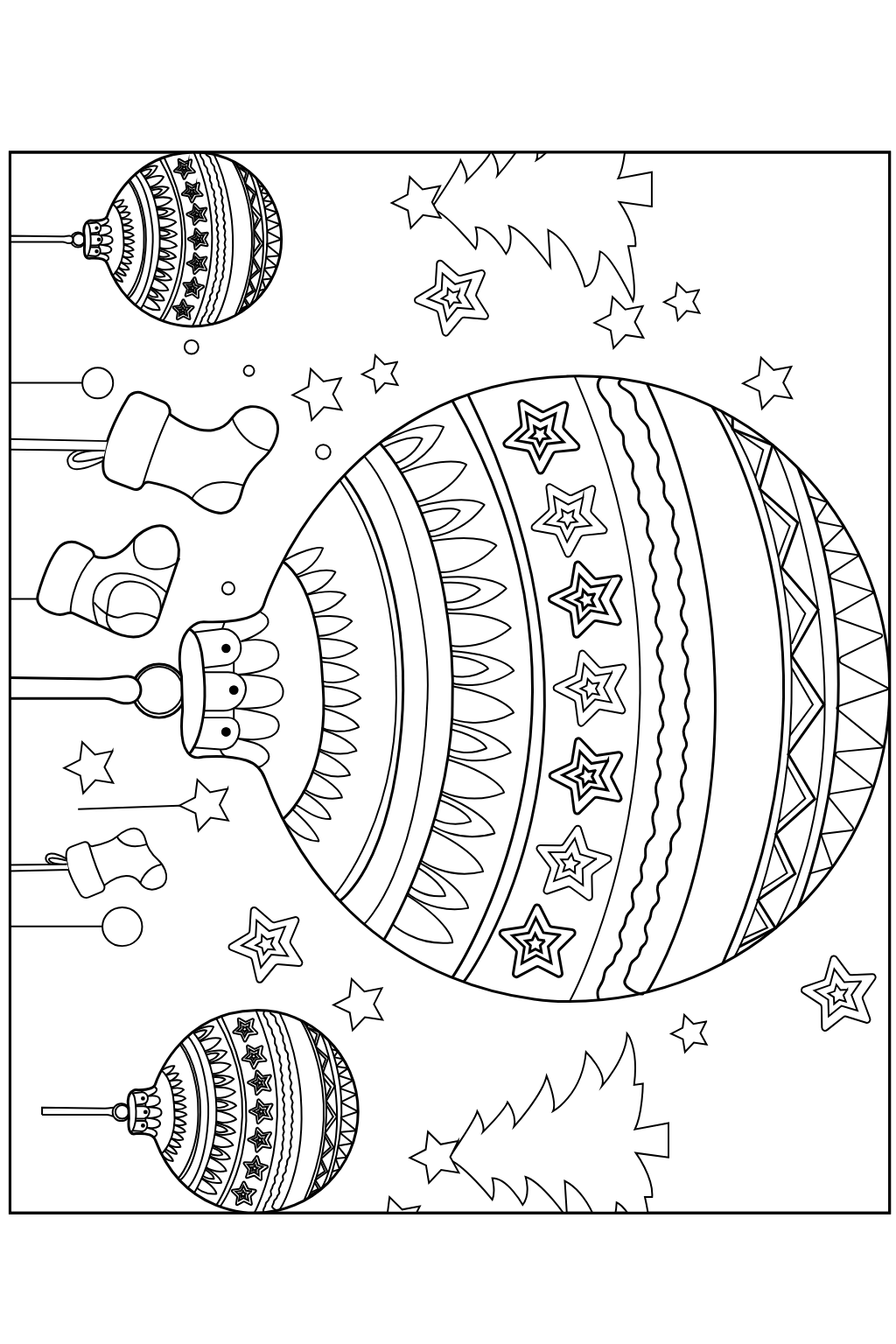 Cute Christmas Ornament Coloring Page | Free PDF. Black and white Christmas coloring page featuring a large patterned ornament, two smaller ornaments, Christmas stockings, stars, and small tree silhouettes.