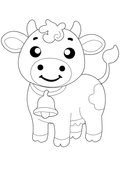 Black and white cartoon cow coloring page with a smiling face, horns, bell, and spotted pattern on a plain white background.