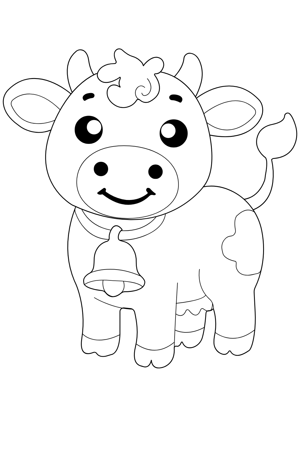 Black and white cartoon cow coloring page with a smiling face, horns, bell, and spotted pattern on a plain white background.