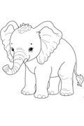 Black and white line art illustration of a cute baby elephant, likely a coloring page or print design.