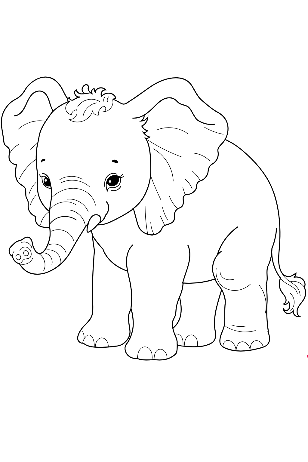 Black and white line art illustration of a cute baby elephant, likely a coloring page or print design.