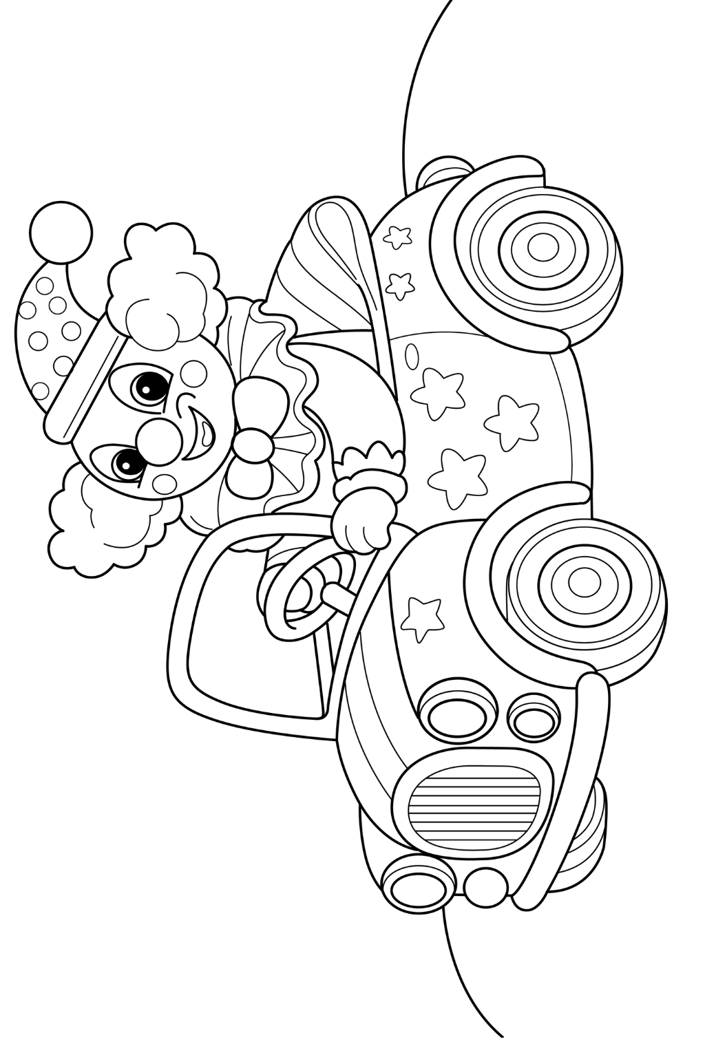 Black and white line art illustration of a clown driving a car, designed as a coloring page.