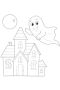 Cute Ghost and Castle Coloring Page for Kids | Free Printable. Black and white line art illustration of a haunted house with a smiling ghost floating above it on a plain white background.