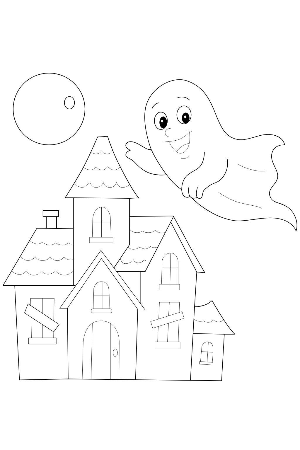 Cute Ghost and Castle Coloring Page for Kids | Free Printable. Black and white line art illustration of a haunted house with a smiling ghost floating above it on a plain white background.