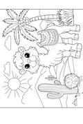 Black and white line art coloring page featuring a cute cartoon camel in a desert landscape with a palm tree, cactus, sun, clouds, and a small bird.