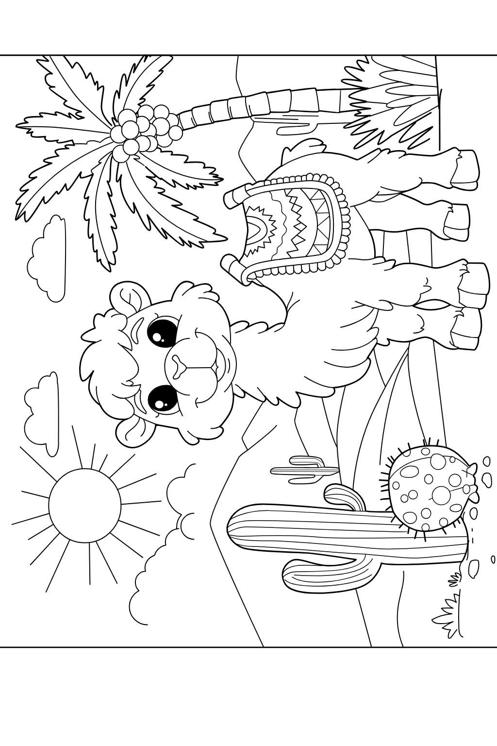 Black and white line art coloring page featuring a cute cartoon camel in a desert landscape with a palm tree, cactus, sun, clouds, and a small bird.