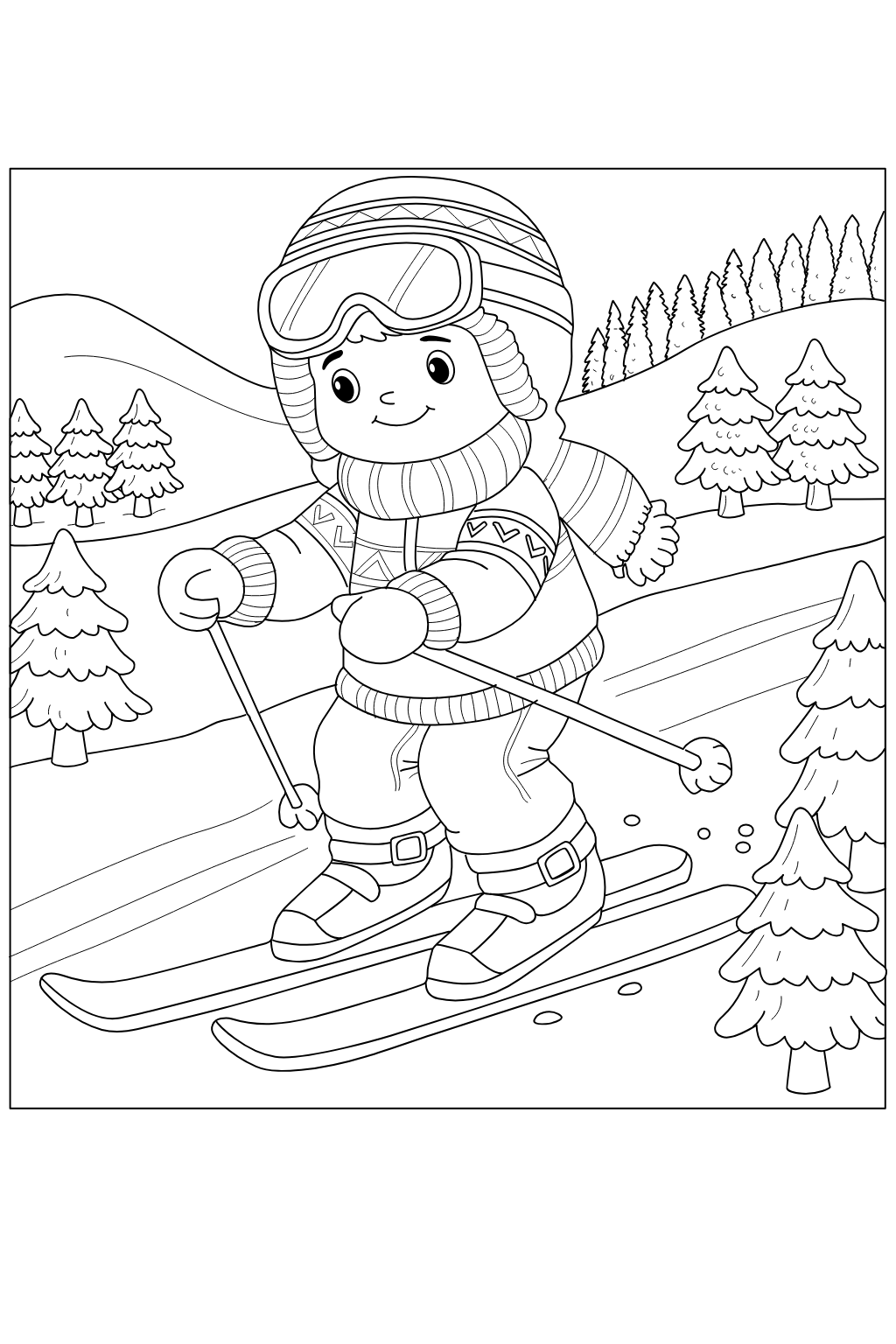Cute Kid Skiing Coloring Page for Kids | Free Download. Black and white line art illustration of a child skier in winter gear with trees and hills in the background, shown as a coloring-page style graphic.