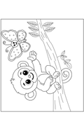Black and white line art illustration of a cute cartoon monkey hanging from a tree trunk next to a smiling butterfly, presented on a white background with a thin border.