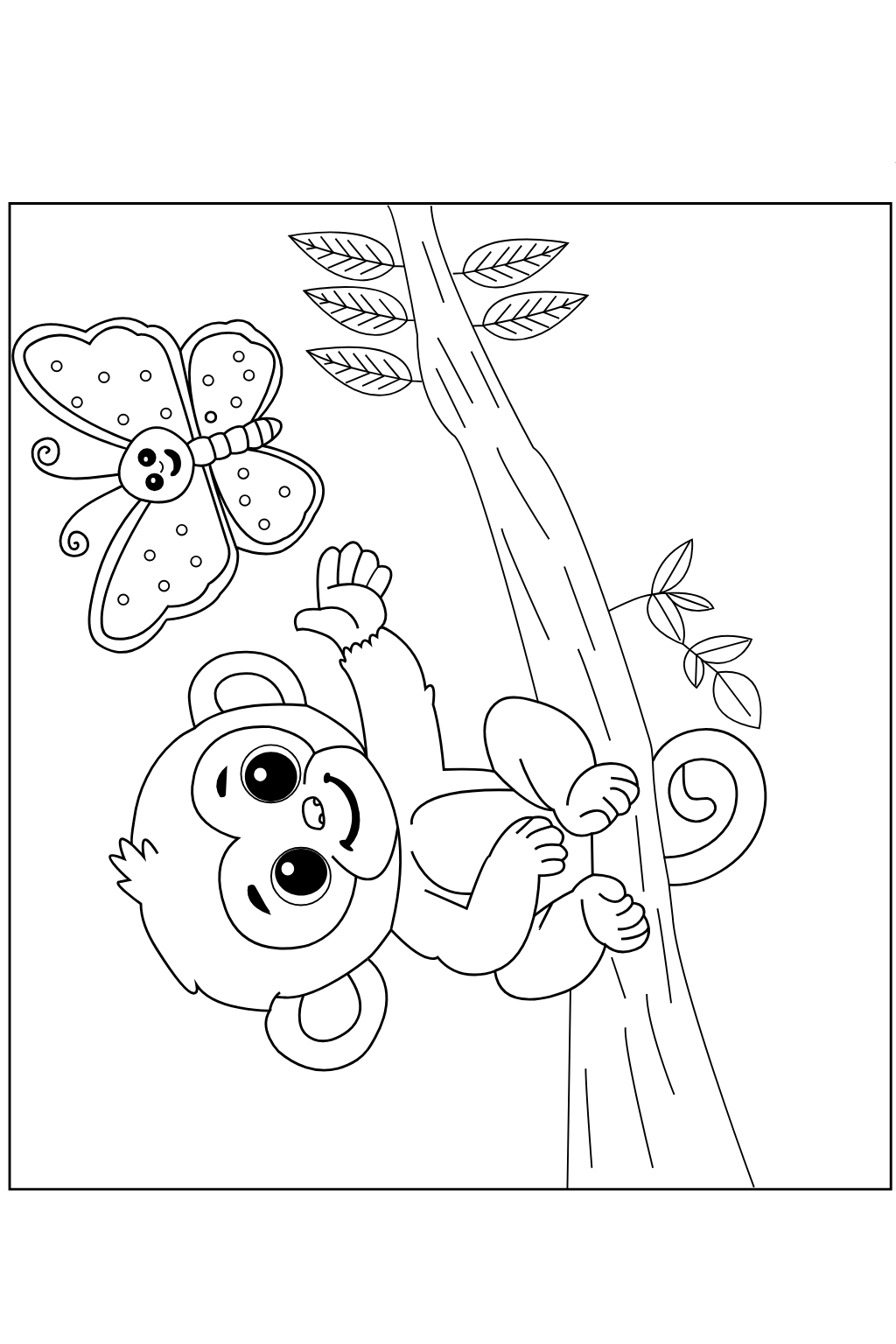 Black and white line art illustration of a cute cartoon monkey hanging from a tree trunk next to a smiling butterfly, presented on a white background with a thin border.