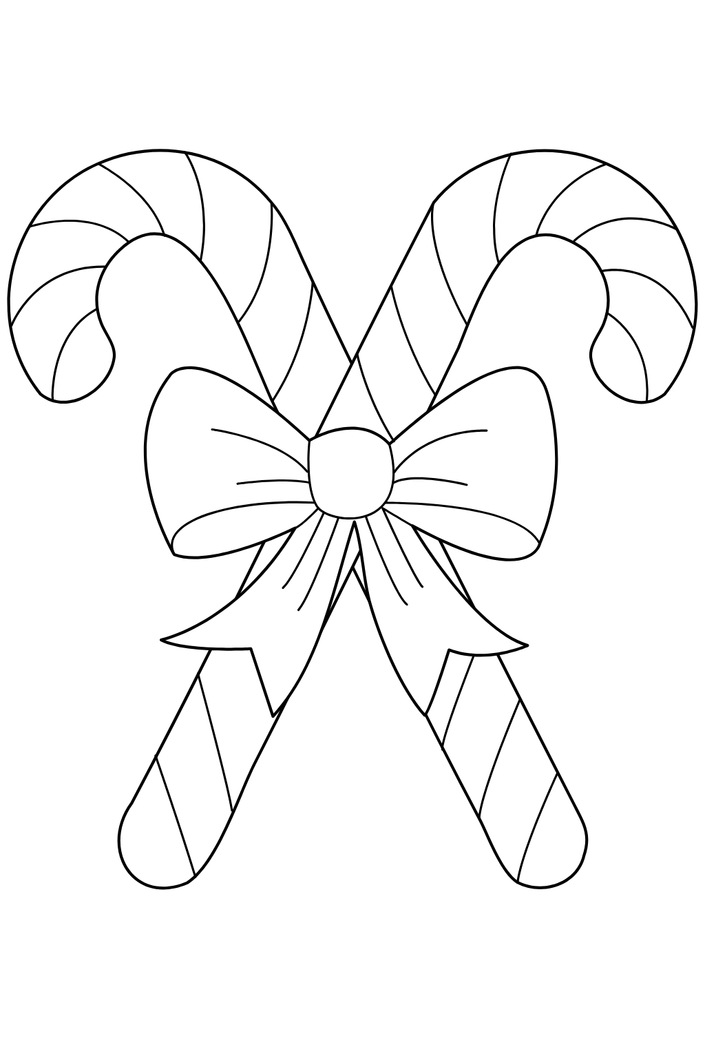 Cute Ribbon Bow Coloring Page for Kids | Free Printable. Black and white line art illustration of two crossed candy canes with a bow, shown on a plain white background.