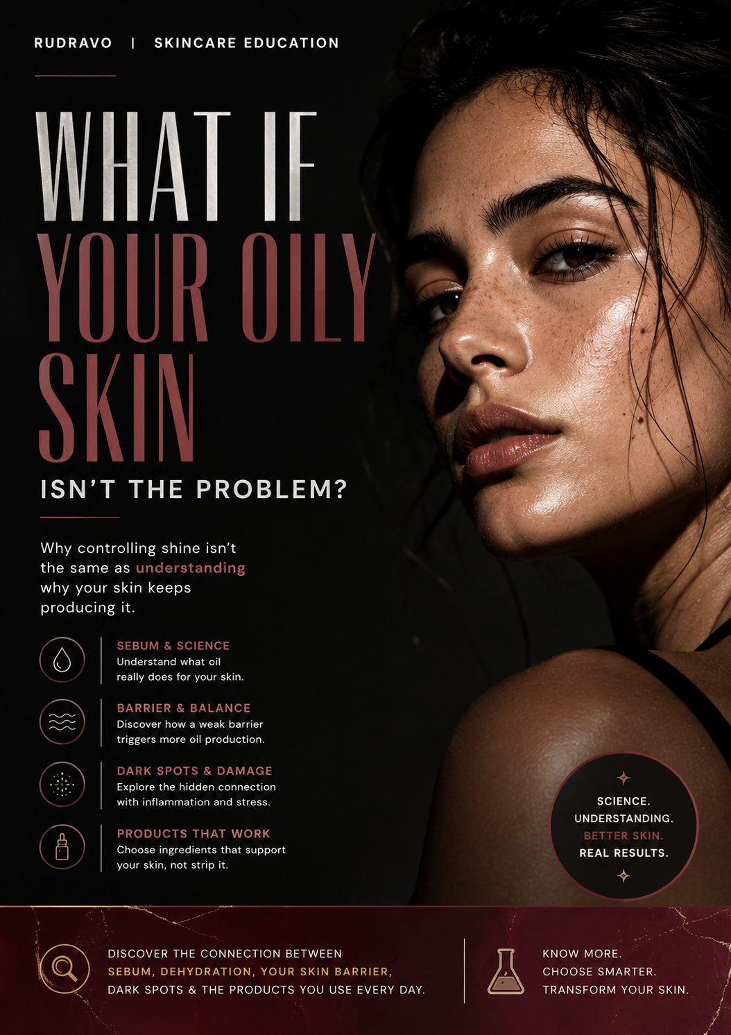 Book cover for 'What If Your Oily Skin Isn't The Problem?' by Rudrauro, featuring a close-up portrait of a woman with glossy skin on a dark background with large white and muted red title text.
