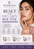 A skincare educational poster titled 'RESET YOUR OILY SKIN ROUTINE' by Rudravo, featuring a close-up of a woman with clear skin, lavender illustrations, and step-by-step guidance on building a routine.