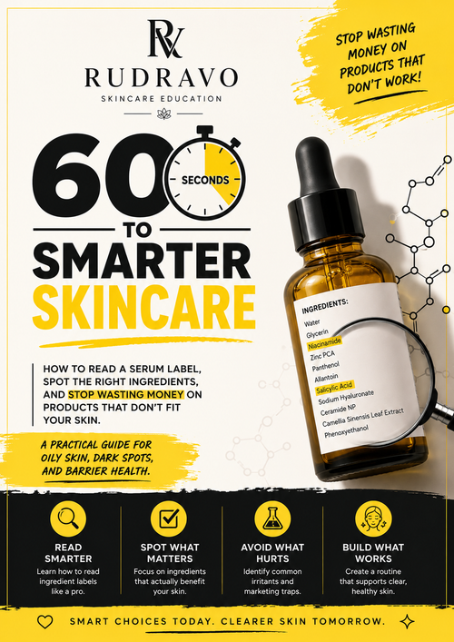 A book cover titled '60 Seconds to Smarter Skincare' by Rudravo Skincare Education, featuring a serum bottle, magnifying glass, and informational text panels on a white and black background.